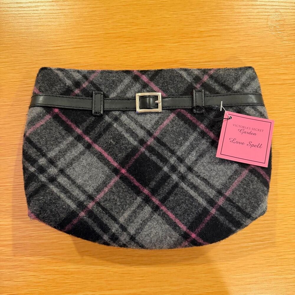 vintage Y2K Victoria’s Secret Pink Gray Black Plaid Wool Clutch Pouch Makeup Bag